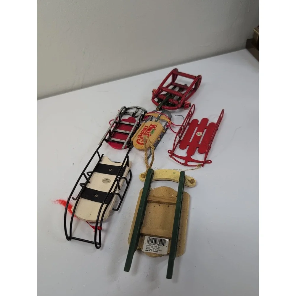 Vintage Christmas Wooden Metal Sled Tree Ornament Lot Of 6